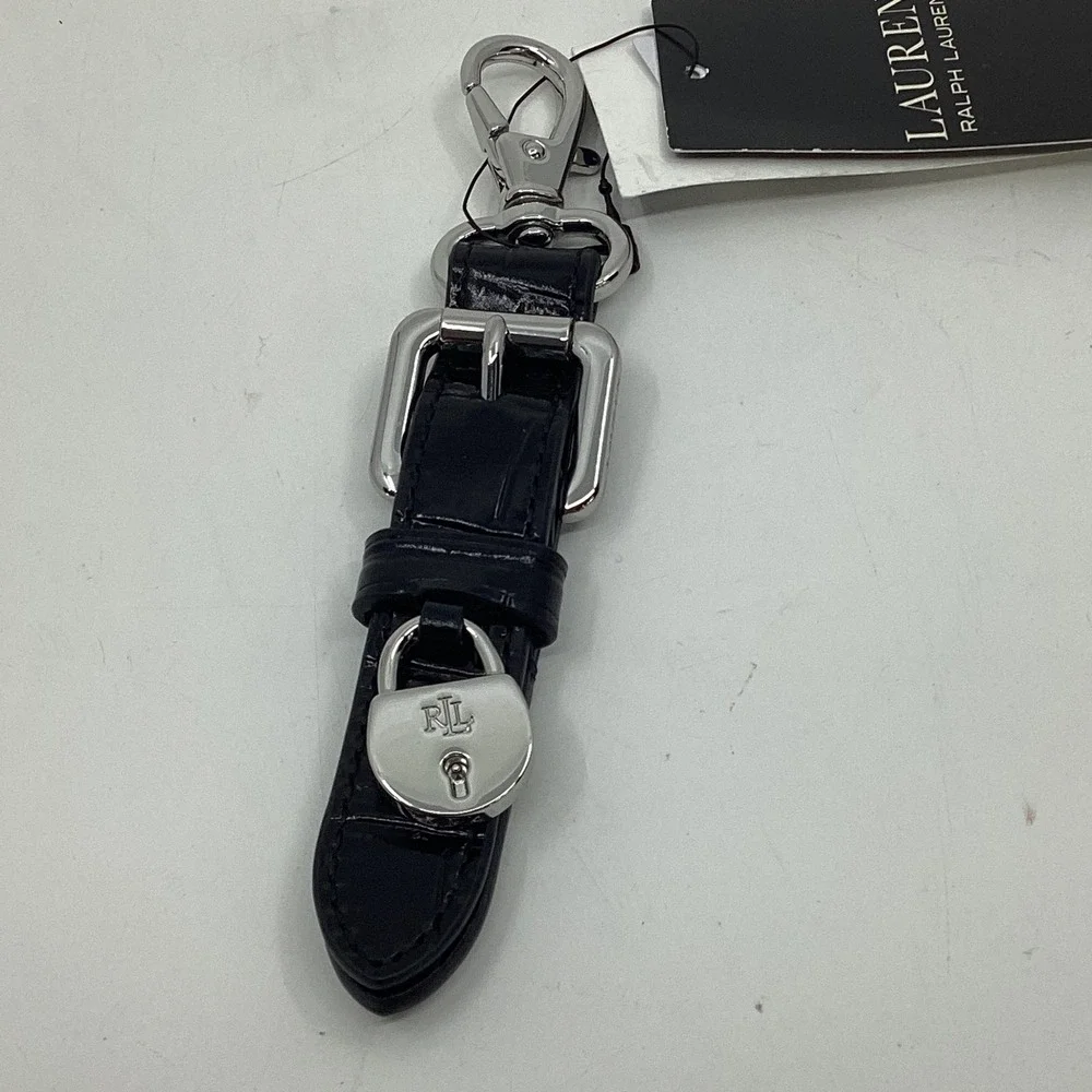 Lauren Ralph Lauren Black Croc Embossed Leather Buckle Padlock Keychain NWT